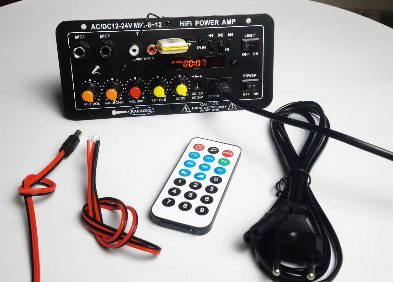 12V/24V Bluetooth DSP zesilovač s obrazovkou, TF/USB slot, pro automobilové systémy