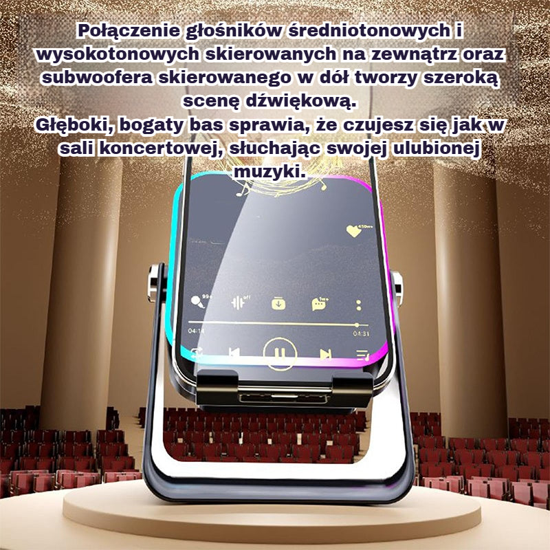 🔥📢 Głośnik Bluetooth 5 w 1 z ładowaniem bezprzewodowym i regulowanym uchwytem na telefon 🎶⚡